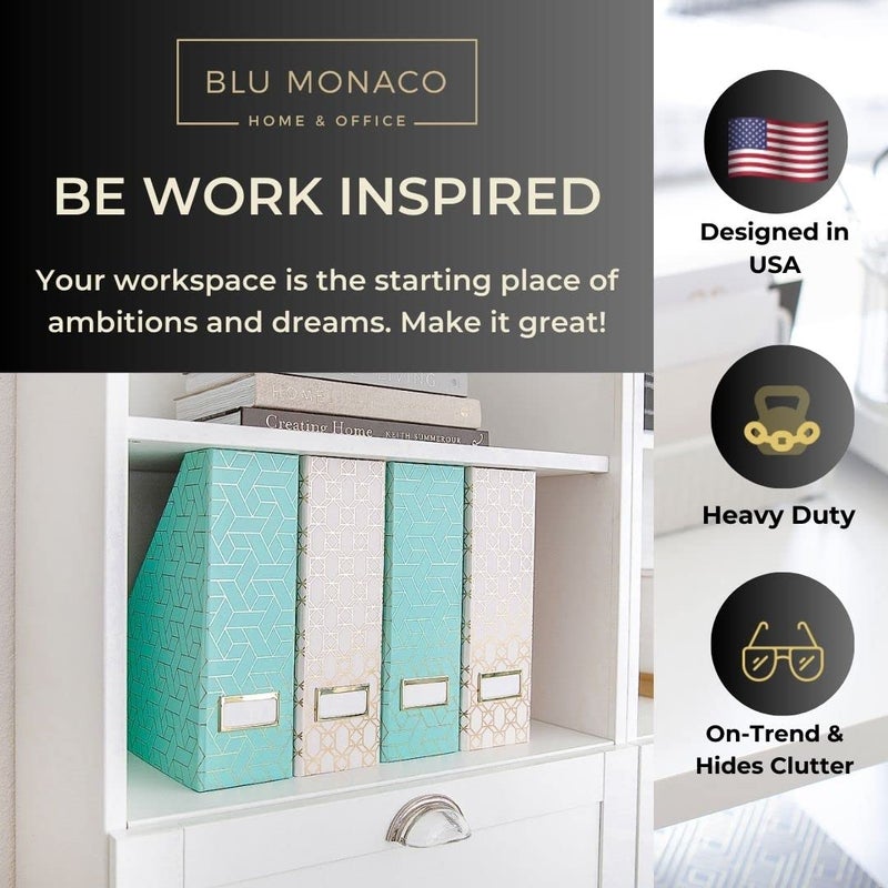 Blu Monaco بلو موناكو | مجموعة من 4 حوامل مجلات قابلة للطي باللون الوردي والأكوا مع أنماط هندسية ذهبية | صناديق تنظيم الملفات الرأسية مع حوامل تسميات ذهبية للمنزل والمكتب - Image 2